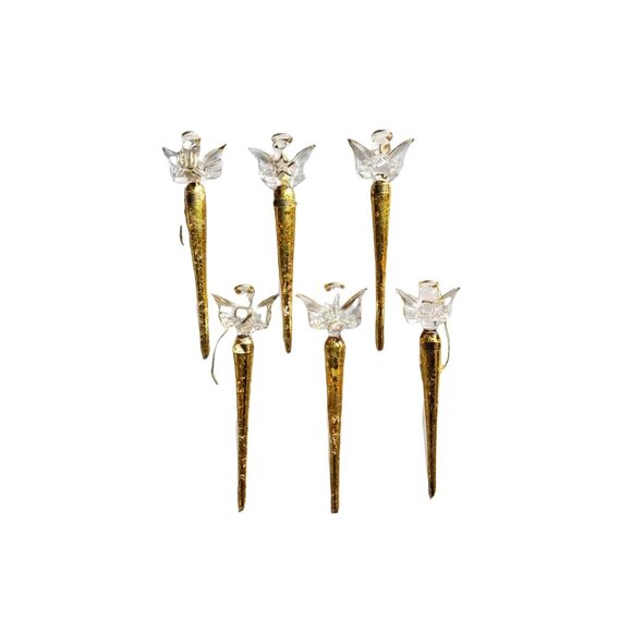 Set of 6 Vintage Silvestri Gold Leaf Glass Angel Icicle Drop Ornaments 5" Long - Picture 2 of 3